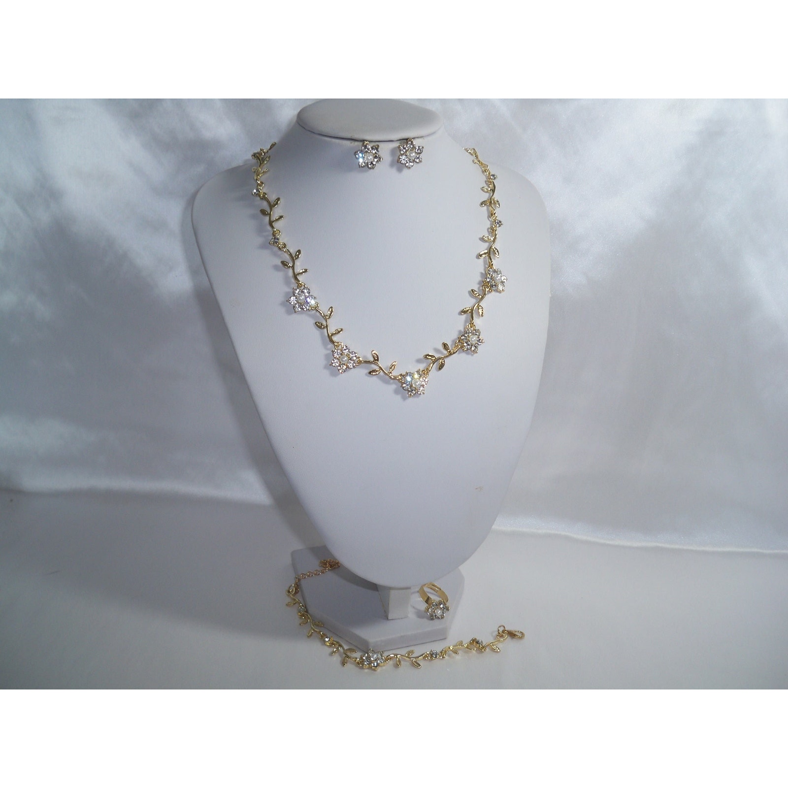 Gold Floral Vine Rhinestone Necklace Set, Bridal Wedding Mob Prom Party Necklace